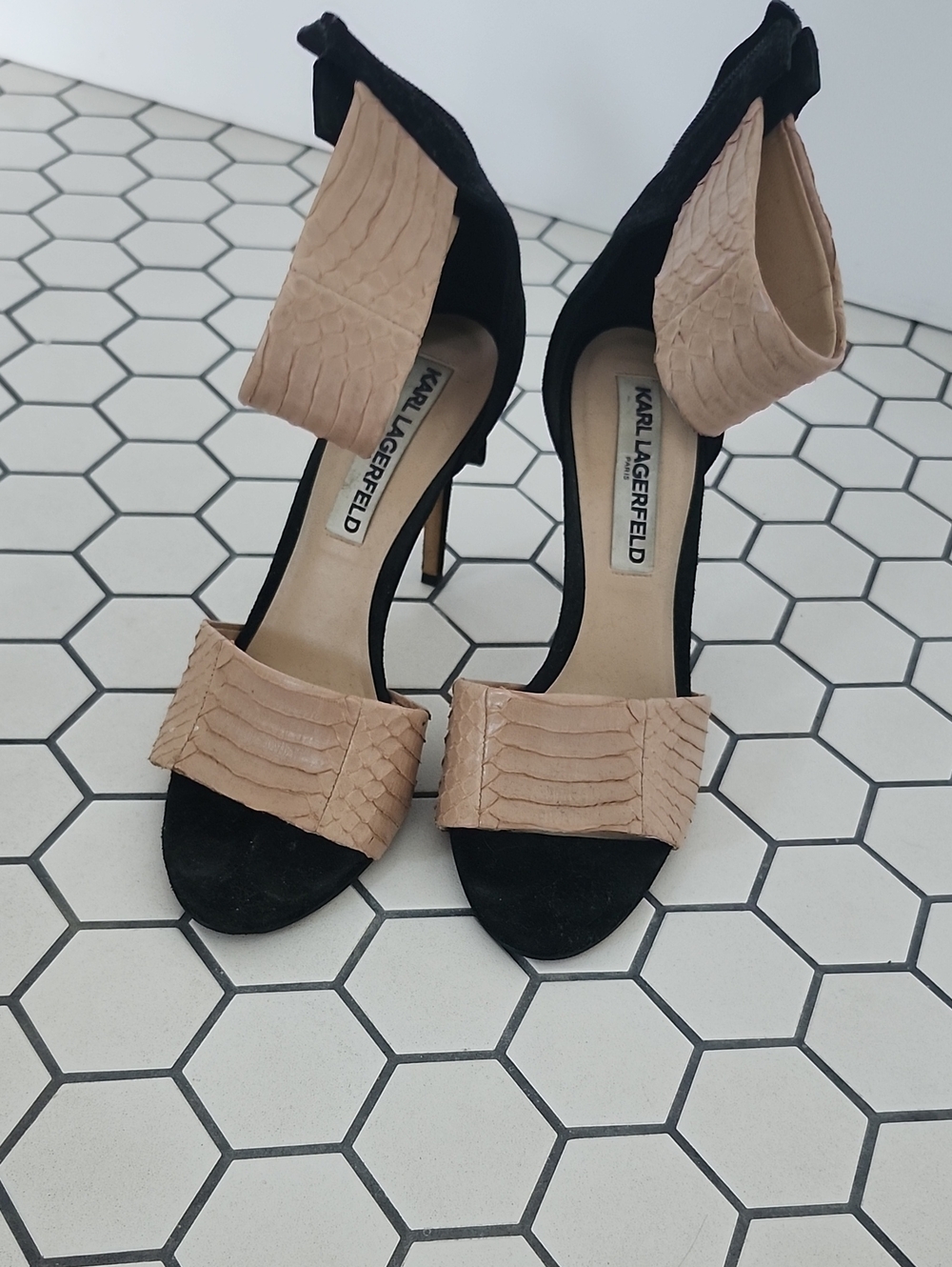 Karl Lagerfeld Black and Beige Open-Toe Ankle-Strap Stilettos
